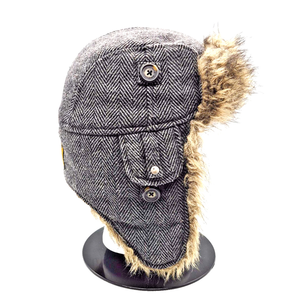 American Eagle Outfitters Trapper Hat Faux Fur Lined Grey Herringbone Sz Medium